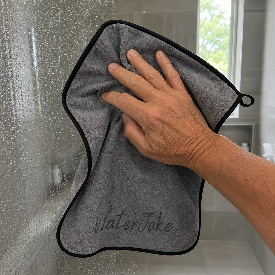 Hand drückt das graue WaterJake® Trockentuch mit Schriftzug an eine nasse Glas-Duschwand