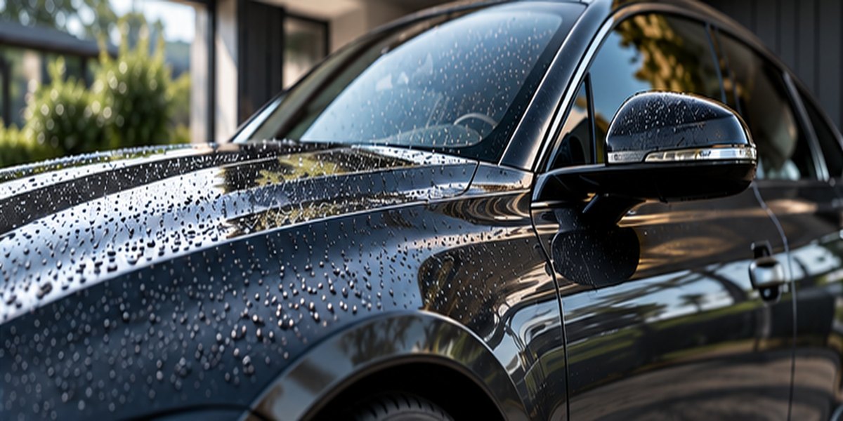 Dunkles Auto mit Wassertropfen auf Motorhaube und Spiegel