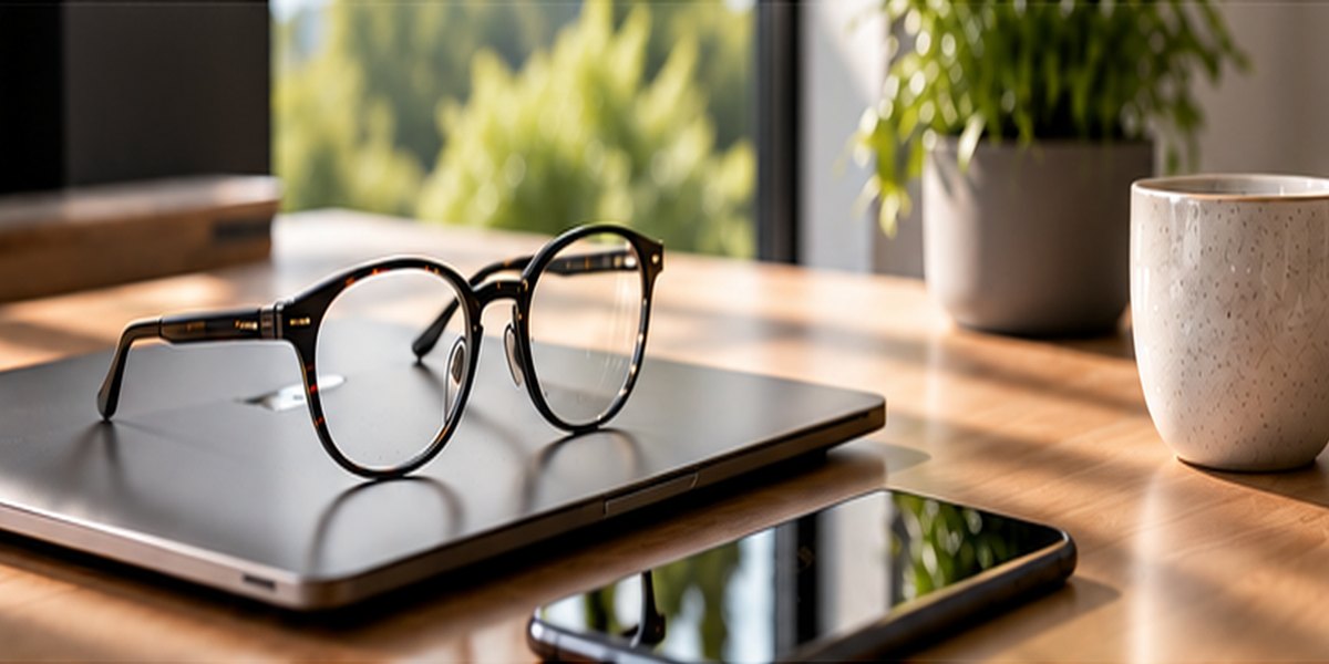 Brille auf einem Laptop neben Smartphone und Tasse