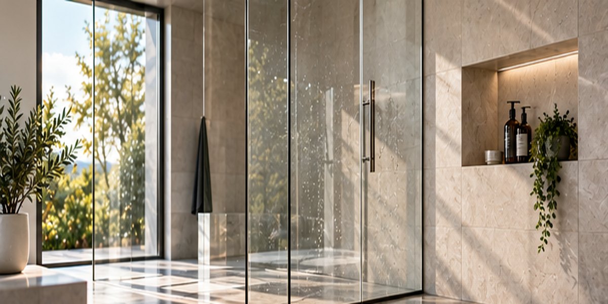 Moderne Walk-in-Dusche mit großer Glaswand und hellen Fliesen