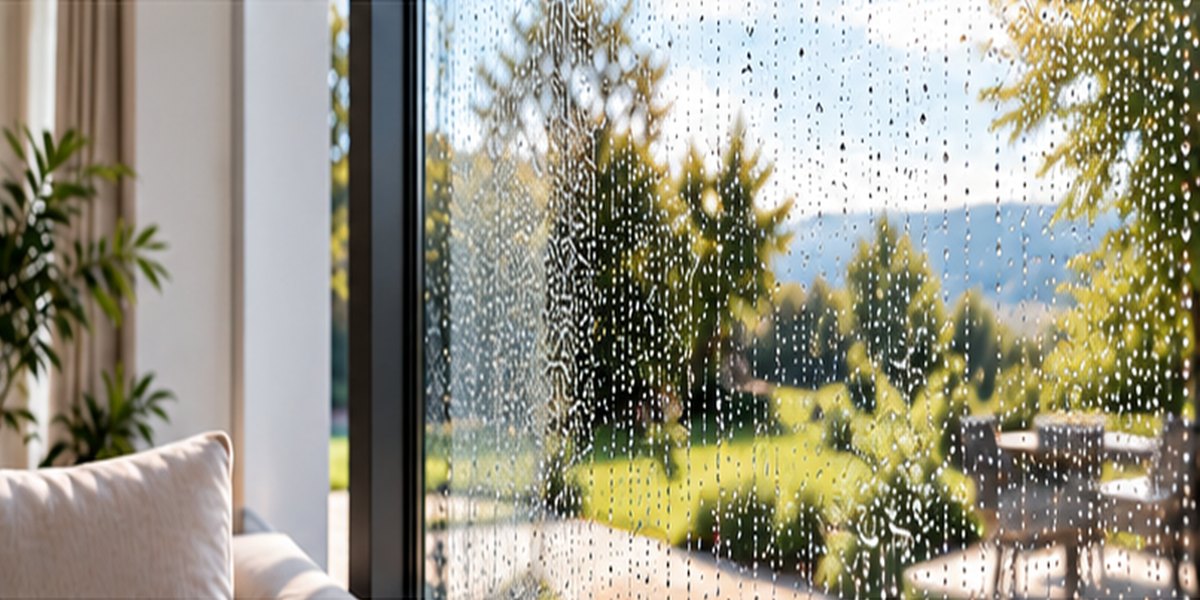 Große Fensterfront mit Regentropfen und Blick in den Garten