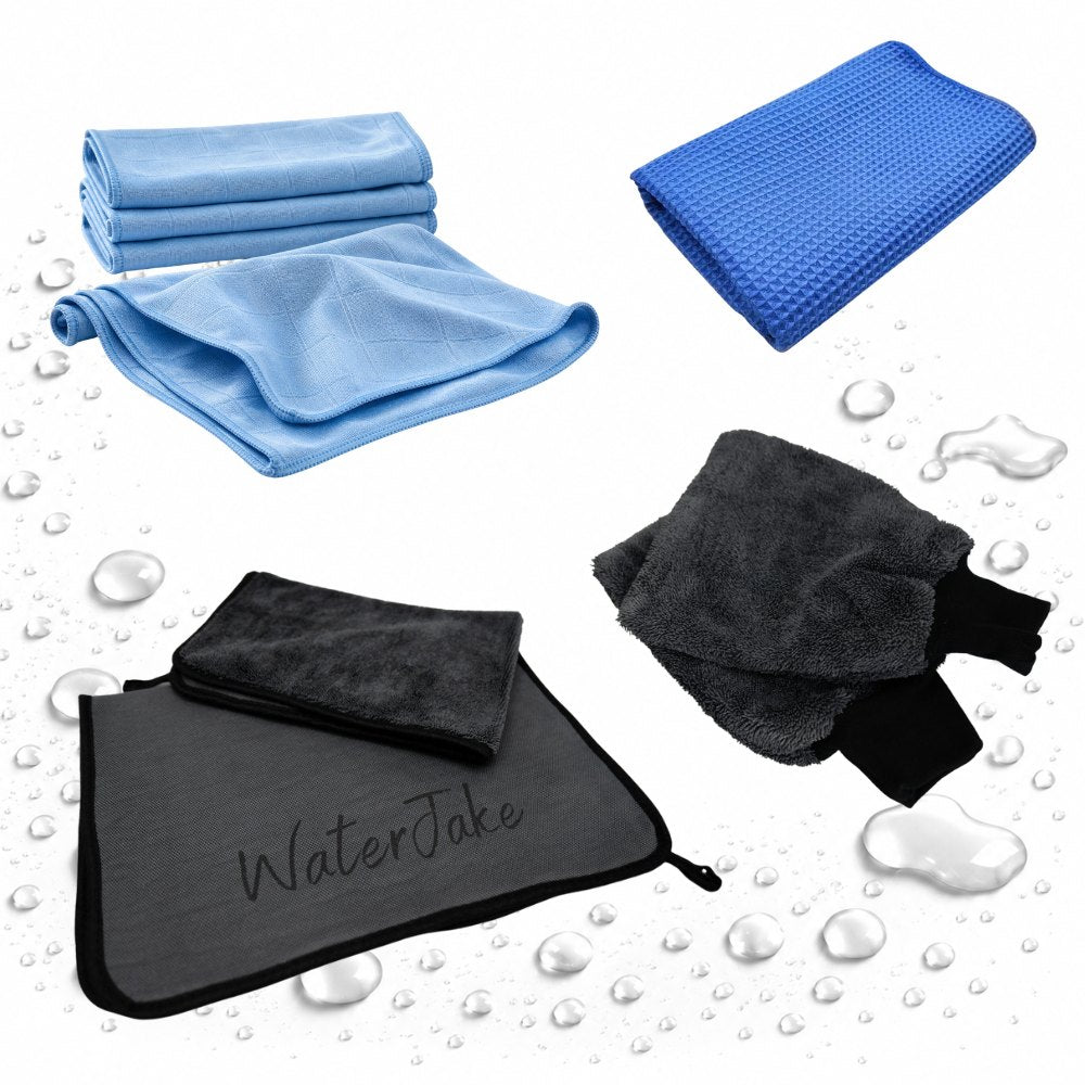 WaterJake® Trockentuch mit Schriftzug und Trocken-Handschuhe auf hellem Grund mit Wassertropfen
