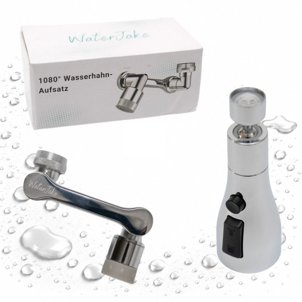 WaterJake® 1080° Wasserhahn-Aufsatz und Aufsatz mit Verpackung auf hellem Grund mit Wassertropfen